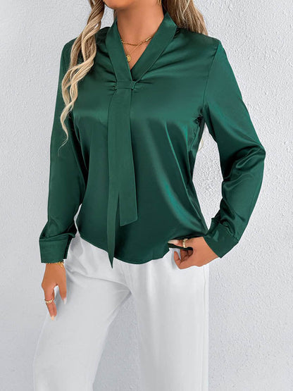 Long Sleeves Loose Solid Color Split-Joint Streamer Scarf Collar Blouses&Shirts Tops