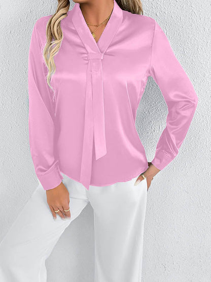 Long Sleeves Loose Solid Color Split-Joint Streamer Scarf Collar Blouses&Shirts Tops