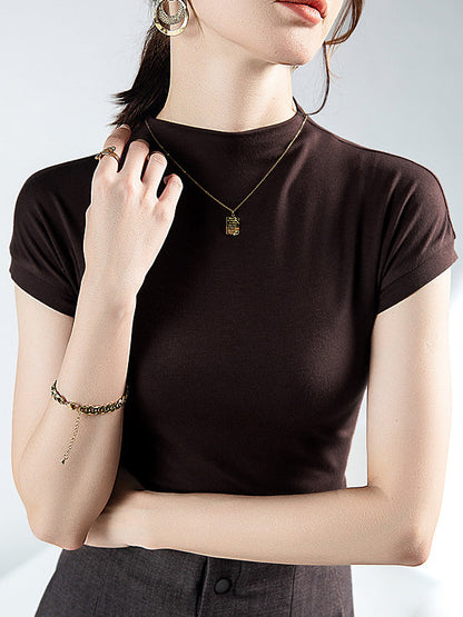 Short Sleeves Skinny Solid Color Mock Neck T-Shirts Tops