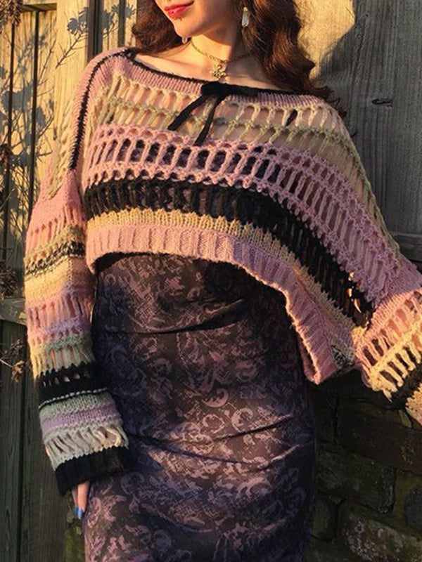 Long Sleeves Loose Drawstring Hollow Split-Joint Round-Neck Sweater Tops