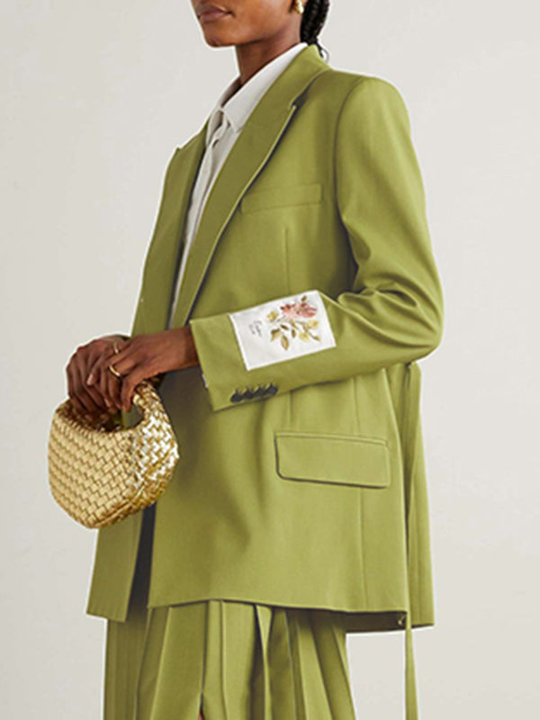 Long Sleeves Embroidered Floral Split-Joint Streamer Lapel Blazer