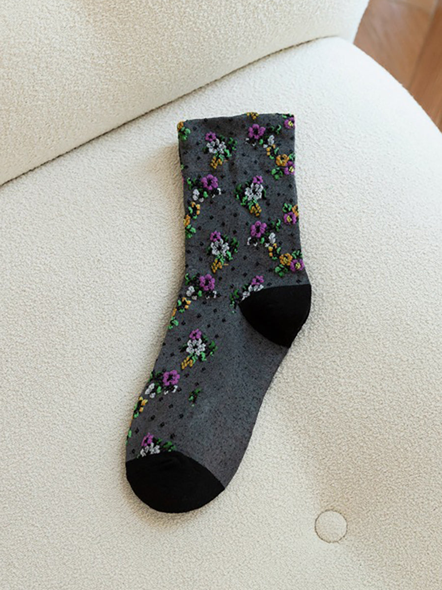 5 Pairs Spring Autumn National Vintage Artsy Jacquard Socks