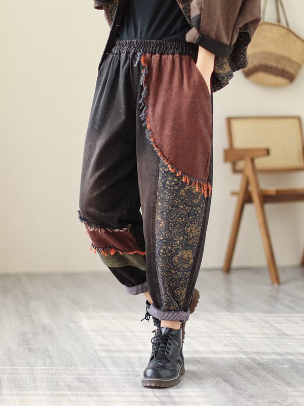 Contrast Color Fringed Split-Joint Long Sleeves Printed Outwear + Harem Pants  Two Pieces Set