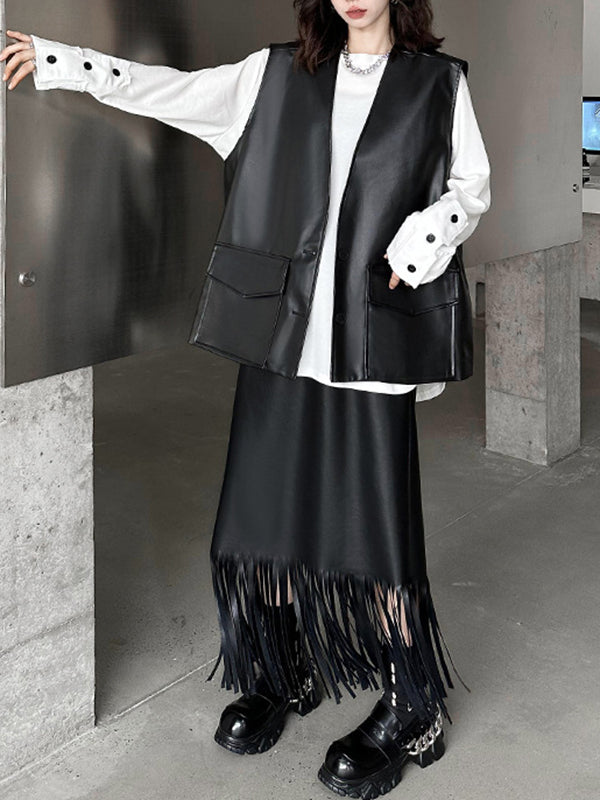 Loose Solid Color V-Neck Sleeveless Buttoned Pockets Vest Top + High Waisted Elasticity Tasseled Skirt Bottom Two Pieces Set