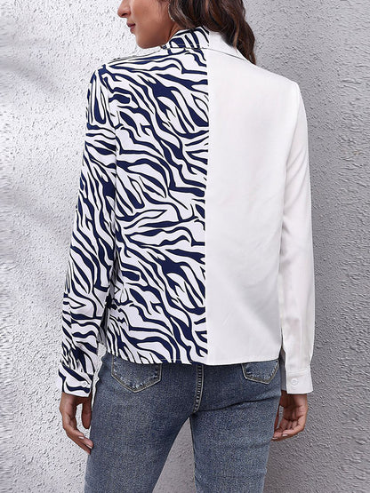 Long Sleeves Loose Contrast Color Split-Joint Zebra-Stripe Lapel Blouses