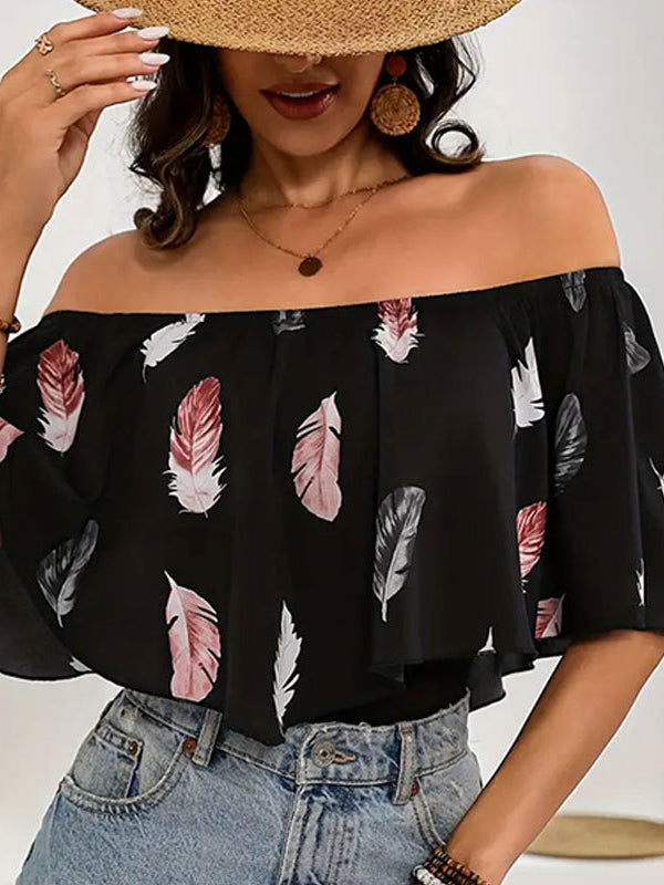 Half Sleeves Loose Leaves Print Pleated Split-Joint Off-the-shoulder Blouses&shirts Tops