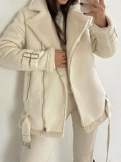 Long Sleeves Loose Buckle Keep Warm Pockets Split-Joint Velvet Zipper Notched Collar Outerwear