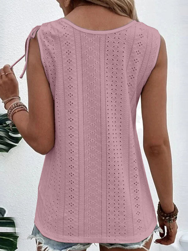 Loose Plus Size Buttoned Hollow Pleated Split-Joint Tied U-neck Vest Top