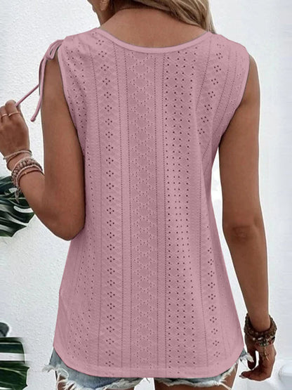 Loose Plus Size Buttoned Hollow Pleated Split-Joint Tied U-neck Vest Top