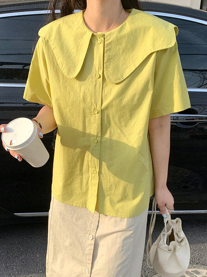 Loose Short Sleeves Solid Color Split-Joint Peter Pan Collar Blouses&Shirts Tops