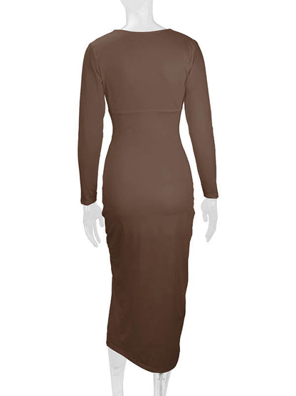 Bodycon Elasticated Waist Pleated Solid Color Split-Joint Split-Side Deep V-Neck Midi Dresses