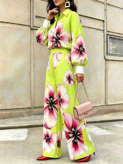 Pockets Flower Print Elasticity Wide Leg High Waisted Trousers Pants