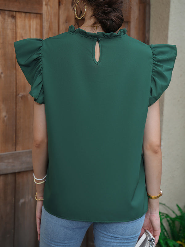 Loose Ruffle Sleeves Hollow Solid Color Split-Joint Round-Neck Blouses&Shirts Tops