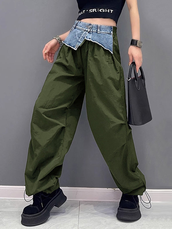 Loose Wide Leg Drawstring Elasticity Split-Joint Cargo Pants Trousers