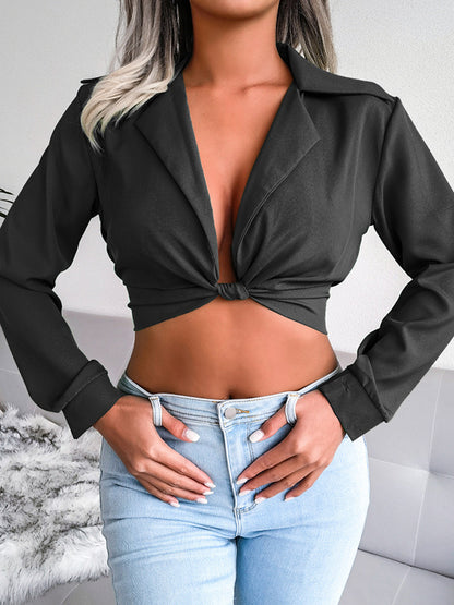 Long Sleeves Knot Solid Color Split-Joint Deep V-Neck Blouses&shirts Tops