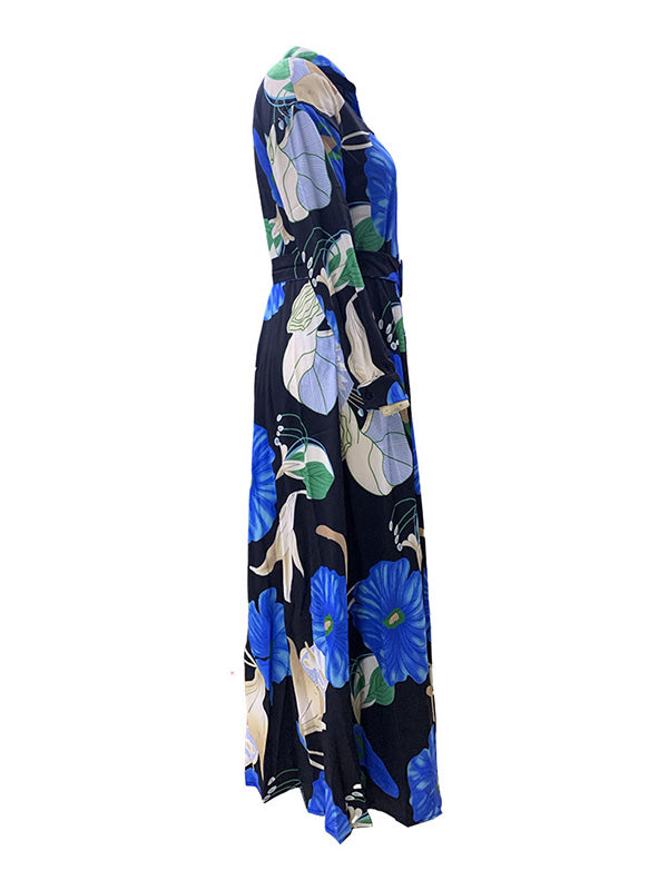 A-Line High Waisted Belted Buttoned Flower Print Lapel Maxi Dresses