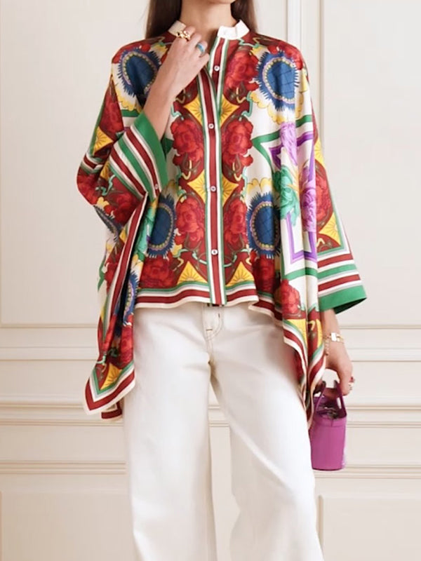 Batwing Sleeves High-low Buttoned Flower Print Stand Collar Blouses&shirts Tops