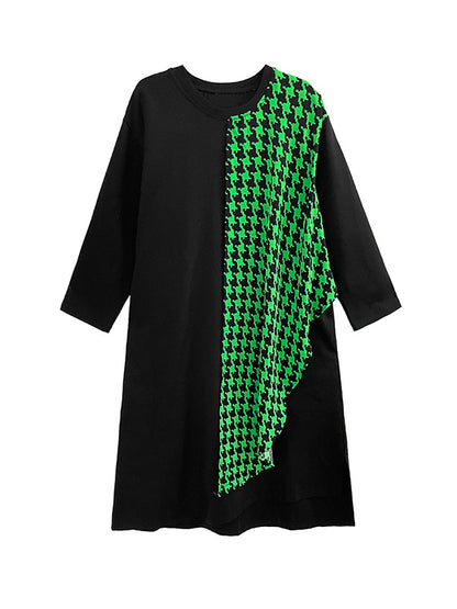 A-Line Long Sleeves Asymmetric Contrast Color Houndstooth Split-Joint Round-Neck Midi Dresses