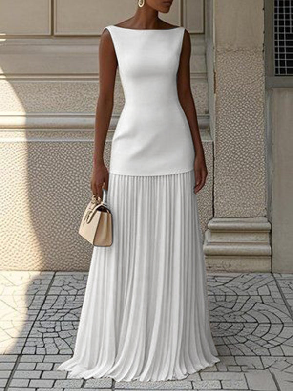 Sleeveless Gauze Pleated Solid Color Split-Joint Boat Neck Evening Dresses Maxi Dresses
