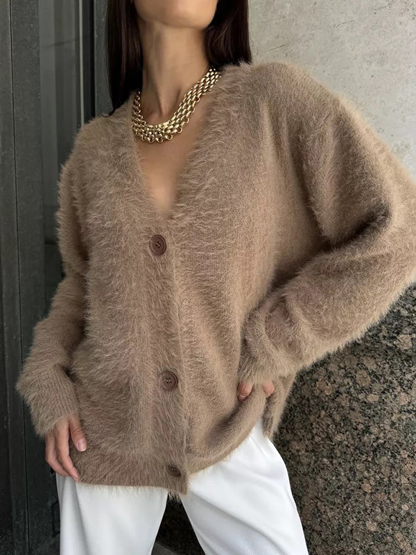 Long Sleeves Loose Buttoned Solid Color V-Neck Cardigan Tops