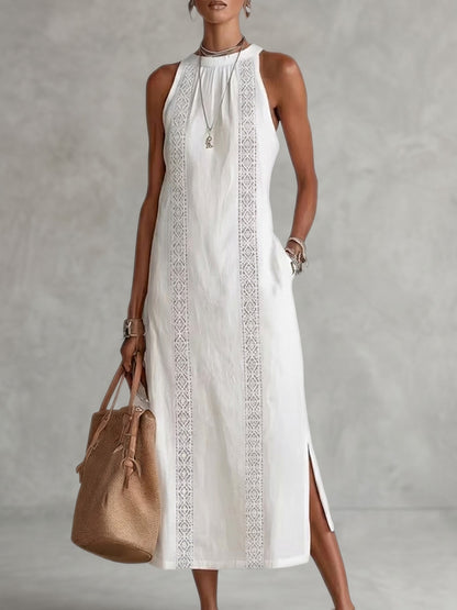 Sleeveless High-Waisted Pockets Printed Solid Color Halter-Neck Midi Dresses