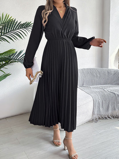 A-Line High Waisted Elasticity Pleated Solid Color V-Neck Maxi Dresses