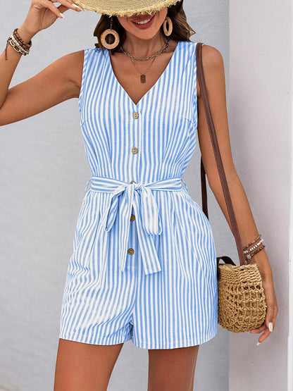 Elasticated Waist High Waisted Buttoned Pockets Striped Tied Waist V-Neck Rompers