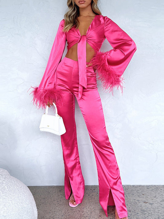 Long Sleeves Fringed Knot Solid Color Deep V-Neck Shirts Top + High Waisted Split-Front Pants Bottom Two Pieces Set