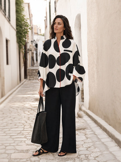 Polka-Dot Contrast Color Three-quarter Sleeves Loose Stand Collar Blouses&shirts Tops