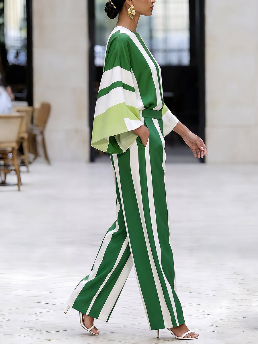 Striped Pockets Elasticity Contrast Color Wide Leg Loose Trousers Pants