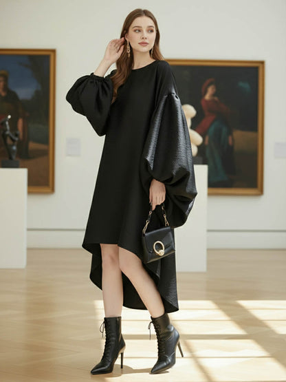 Batwing Sleeves High-Low Pleated Solid Color Split-Joint Round-Neck Midi Dresses