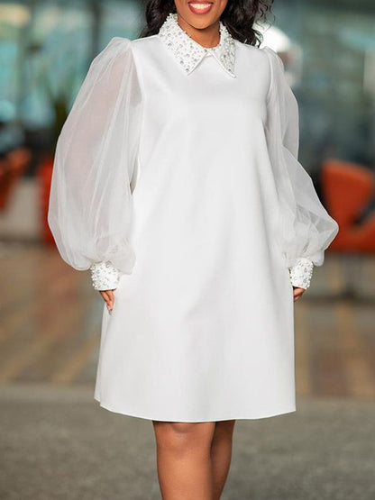 Puff Sleeves Beads Mesh Solid Color Split-Joint Round-neck Midi Dresses