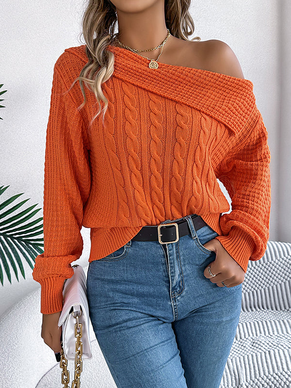 Long Sleeves Loose Asymmetric Solid Color Split-Joint One-Shoulder Pullovers Sweater Tops