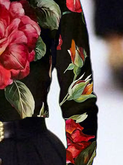 Long Sleeves Floral Printed Split-Joint High Neck T-Shirts