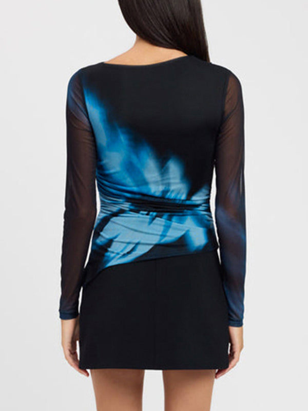 Long Sleeves Skinny Asymmetric Printed Boat Neck T-Shirts Tops