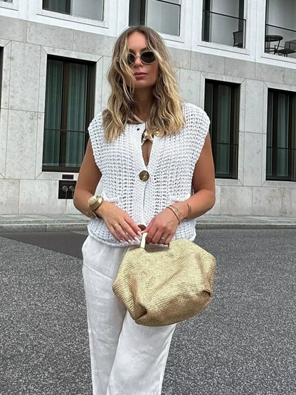 Sleeveless Buttoned Pockets Solid Color Cardigan Tops Knit Top