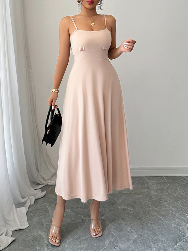A-Line High Waisted Backless Pleated Solid Color Spaghetti-Neck Midi Dresses