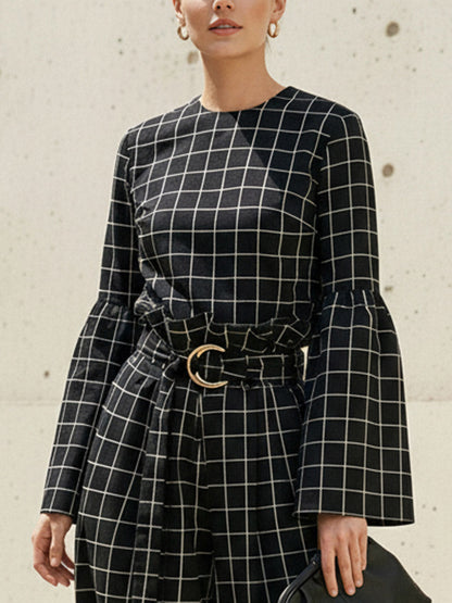 Flared Sleeves Long Sleeves Contrast Color Plaid Split-Joint Round-Neck Blouses&Shirts Tops