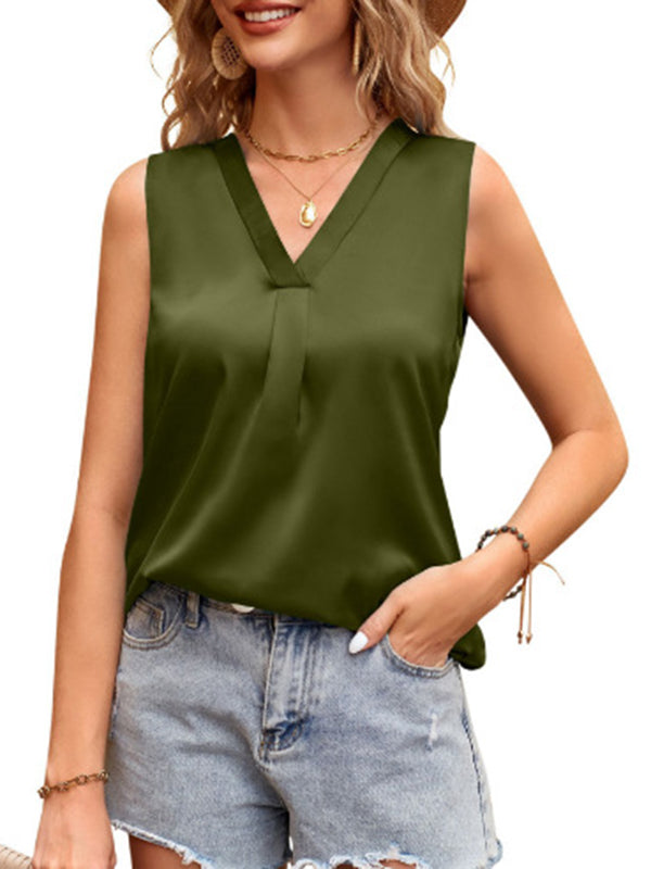 Loose Sleeveless Pleated Solid Color Split-Joint V-Neck Vest Top