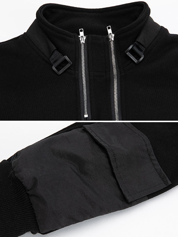 Casual Long Sleeves Loose Solid Color Zipper High-Neck Sweatshirt Tops