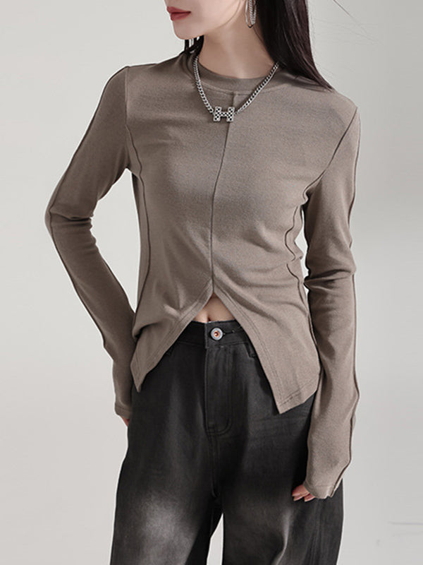Long Sleeves Skinny Solid Color Split-Front Round-Neck T-Shirts Tops