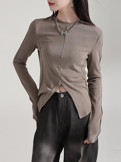 Long Sleeves Skinny Solid Color Split-Front Round-Neck T-Shirts Tops