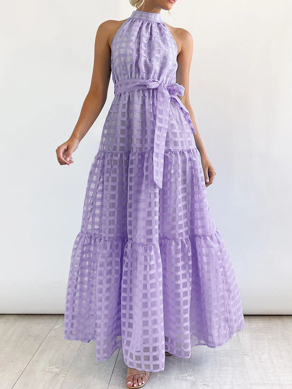 Loose Sleeveless Plaid Ribbed Stand Collar Maxi Dresses