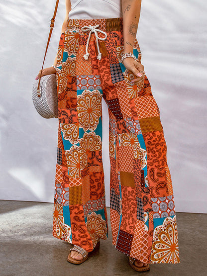 High Waisted Loose Drawstring Pleated Printed Pants Trousers