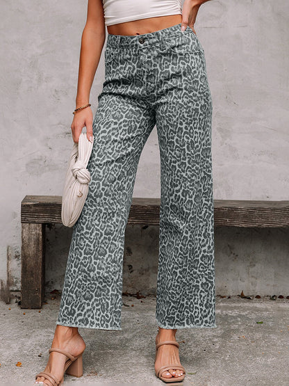High Waisted Leopard Pockets Jean Pants Bottoms