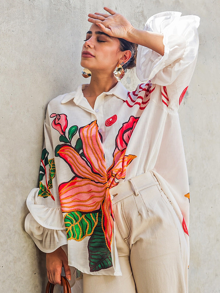 Flared Sleeves High-Low Buttoned Contrast Color Flower Print Lapel Blouses&Shirts Tops