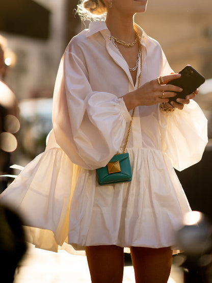 Puff Sleeves Buttoned Solid Color Split-Joint Lapel Mini Dresses Shirt Dress