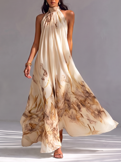 Split-Joint Printed Pleated Contrast Color Sleeveless Loose Stand Collar Maxi Dresses