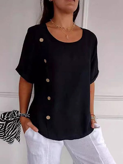 Loose Short Sleeves Buttoned Solid Color Split-Joint Round-Neck Blouses&Shirts Tops