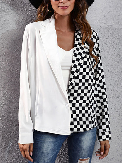 Long Sleeves Loose Checkerboard Contrast Color Split-Joint Lapel Blouses